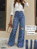 Jeans florales de tiro alto con roturas-A3862