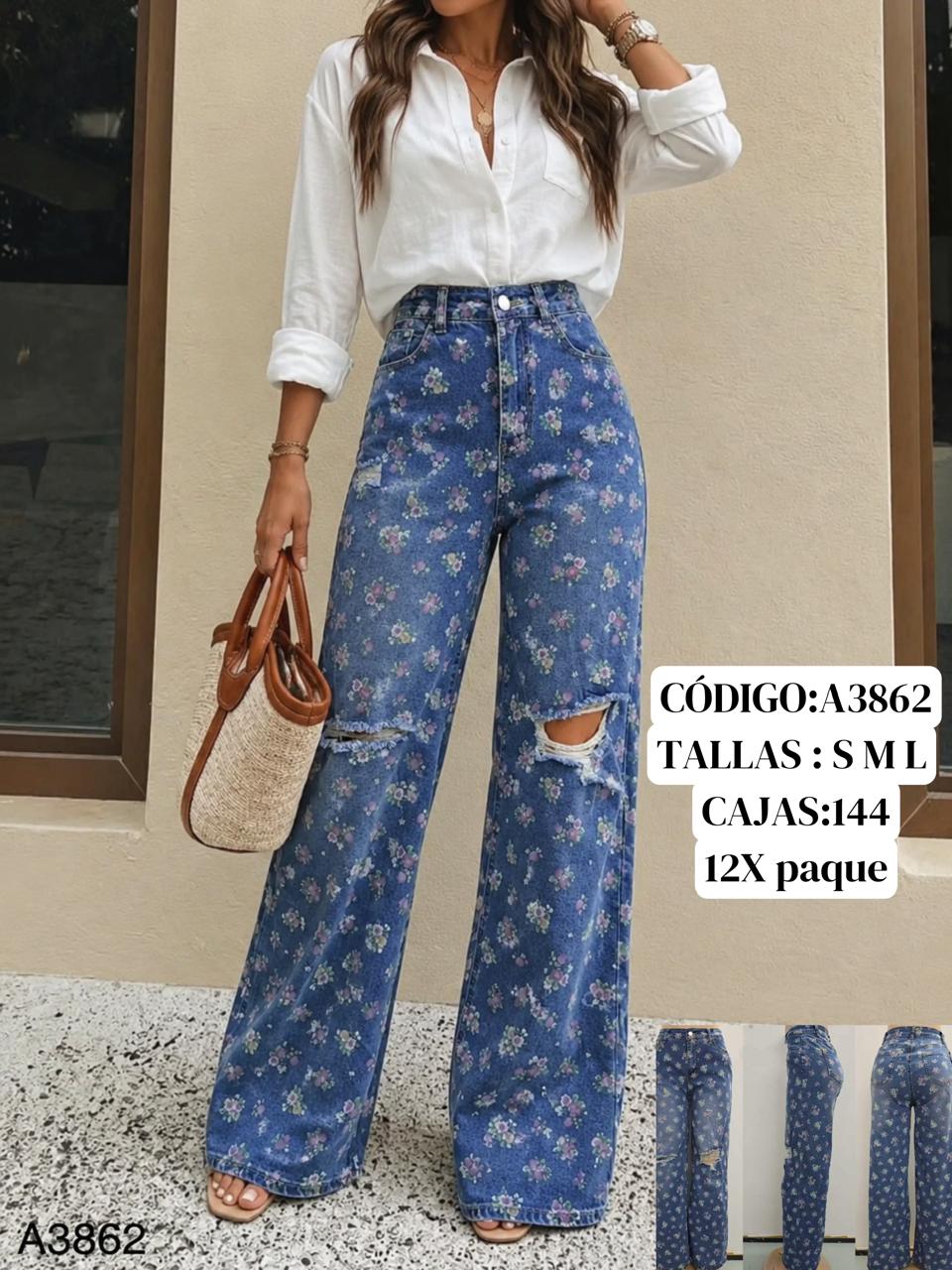 Jeans florales de tiro alto con roturas-A3862
