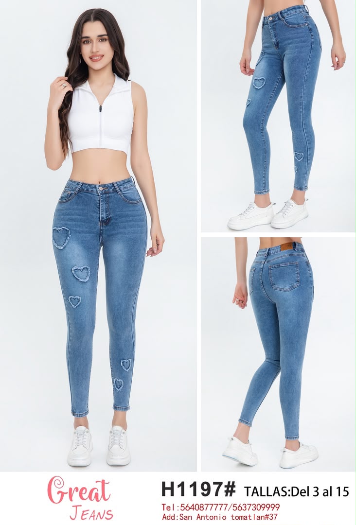 Jeans con detalles de corazones-H1197#