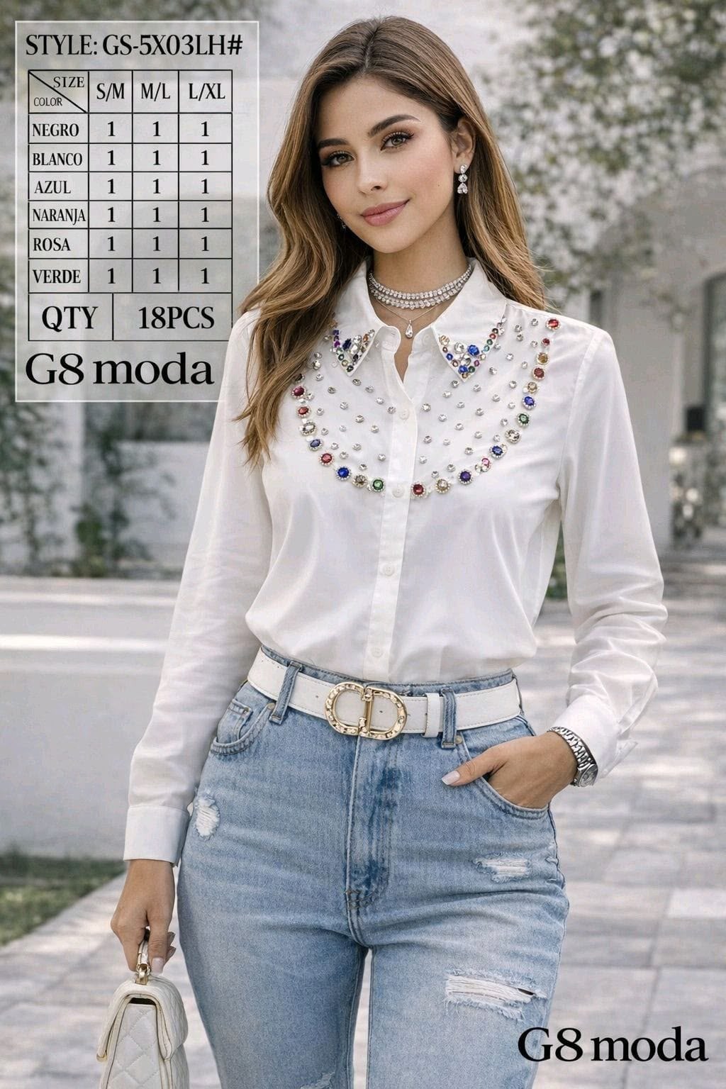 Camisa de botones con pedrería-BLU-GS-5X03LH
