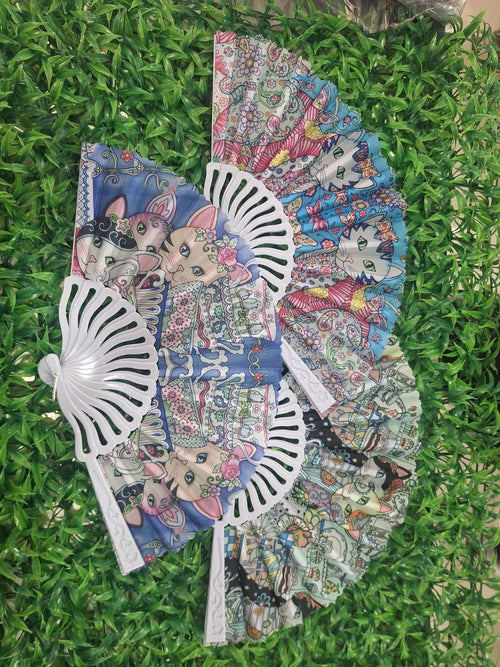 Abanicos plegables decorativos con estampado de gatos y flores-XY-5