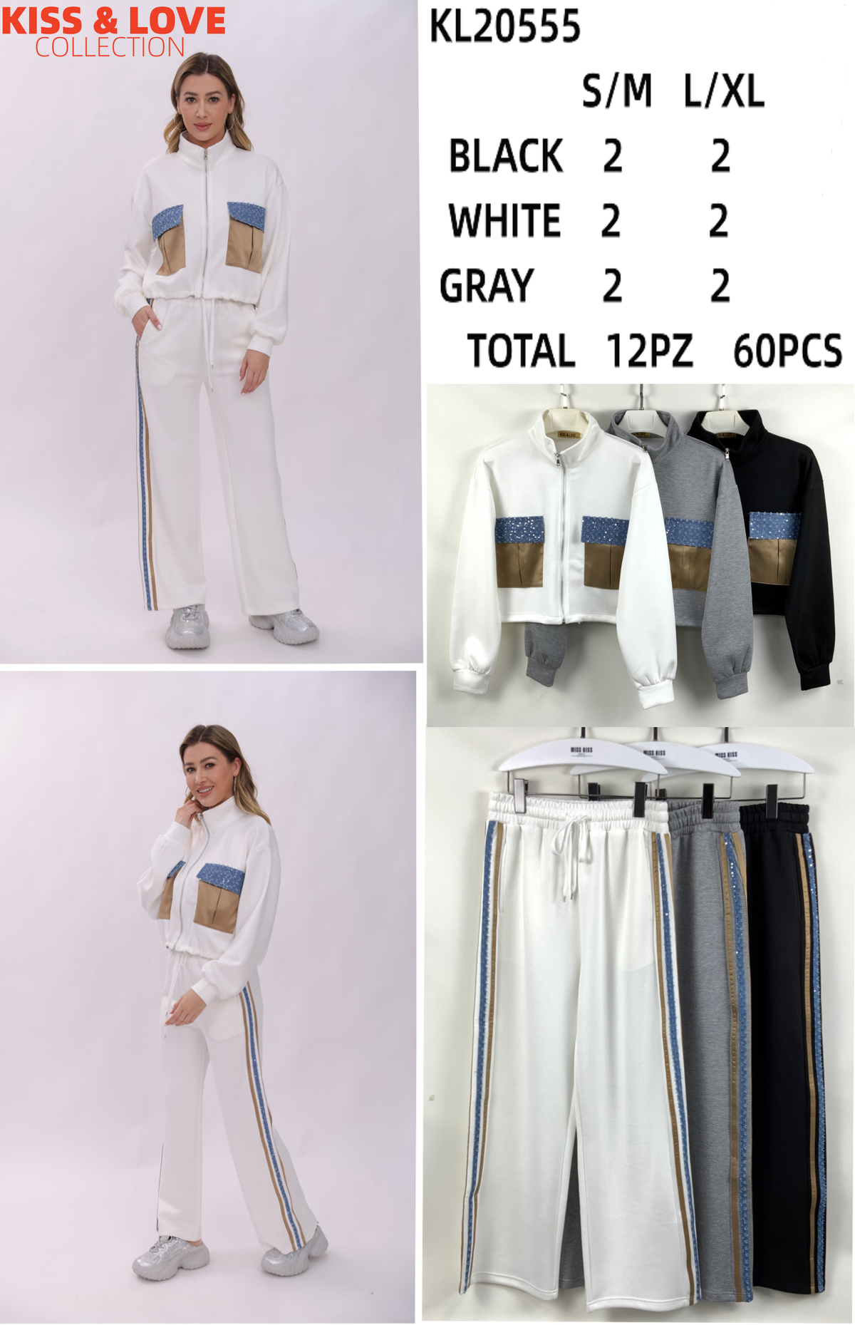 Conjunto deportivo con bolsillos y franjas laterales-KL20555