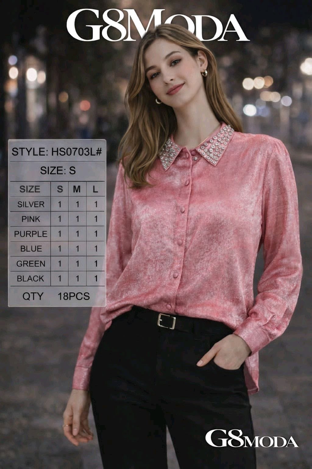 Blusa de manga larga con cuello brillante-BLU-HS0703L#
