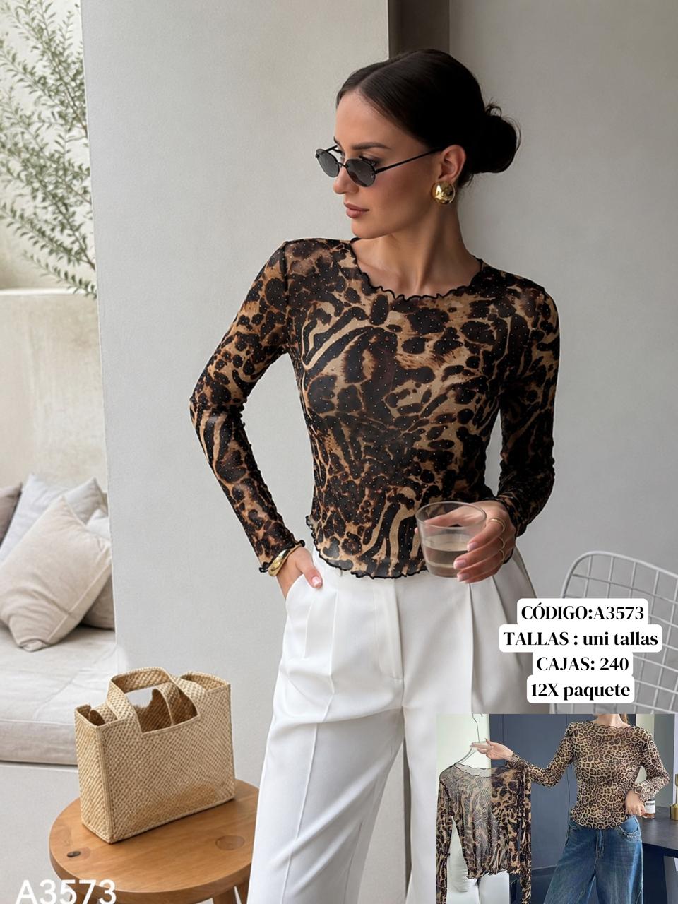 Blusa de manga larga estampado animal-A3573