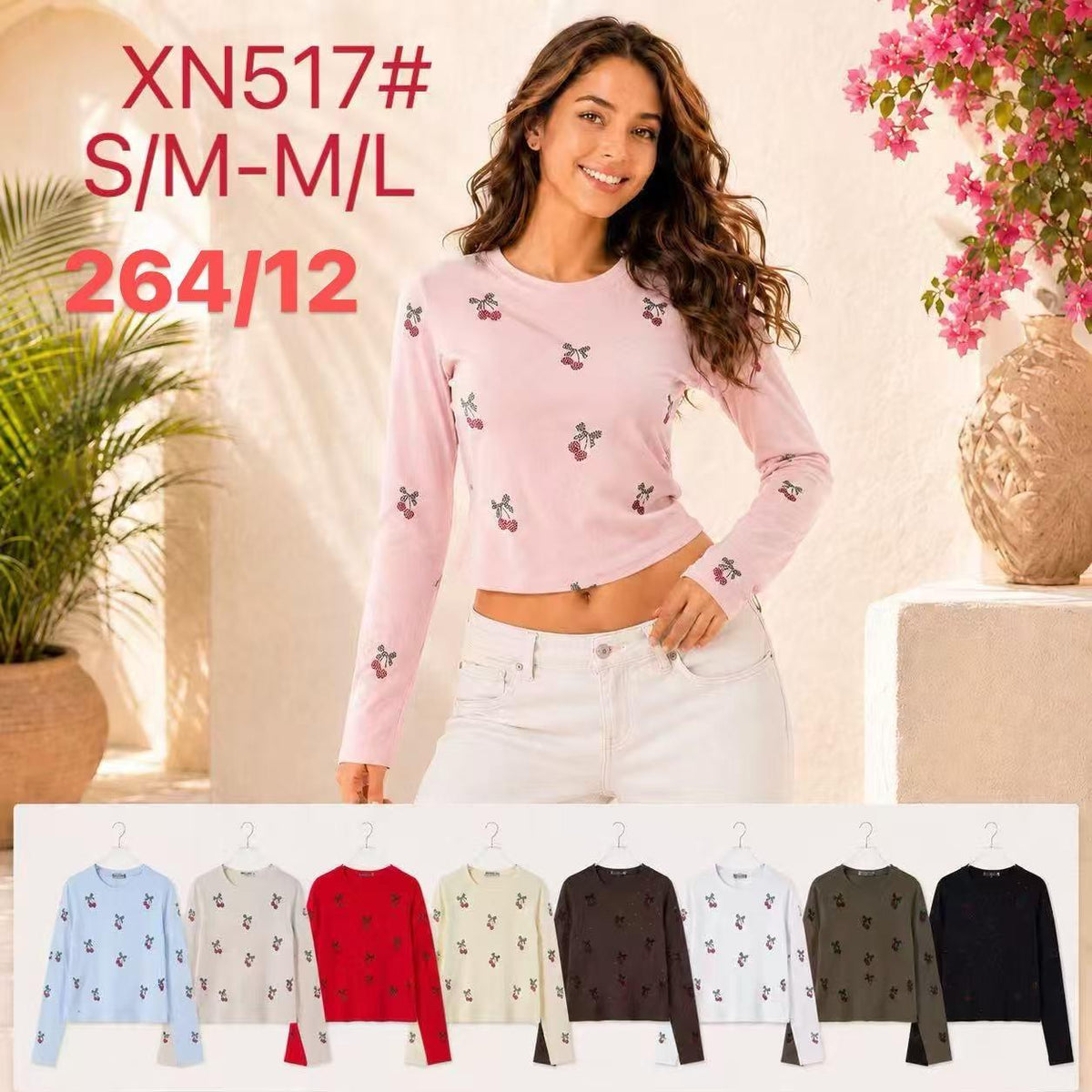 Blusa manga larga con estampado de cerezas-XN517