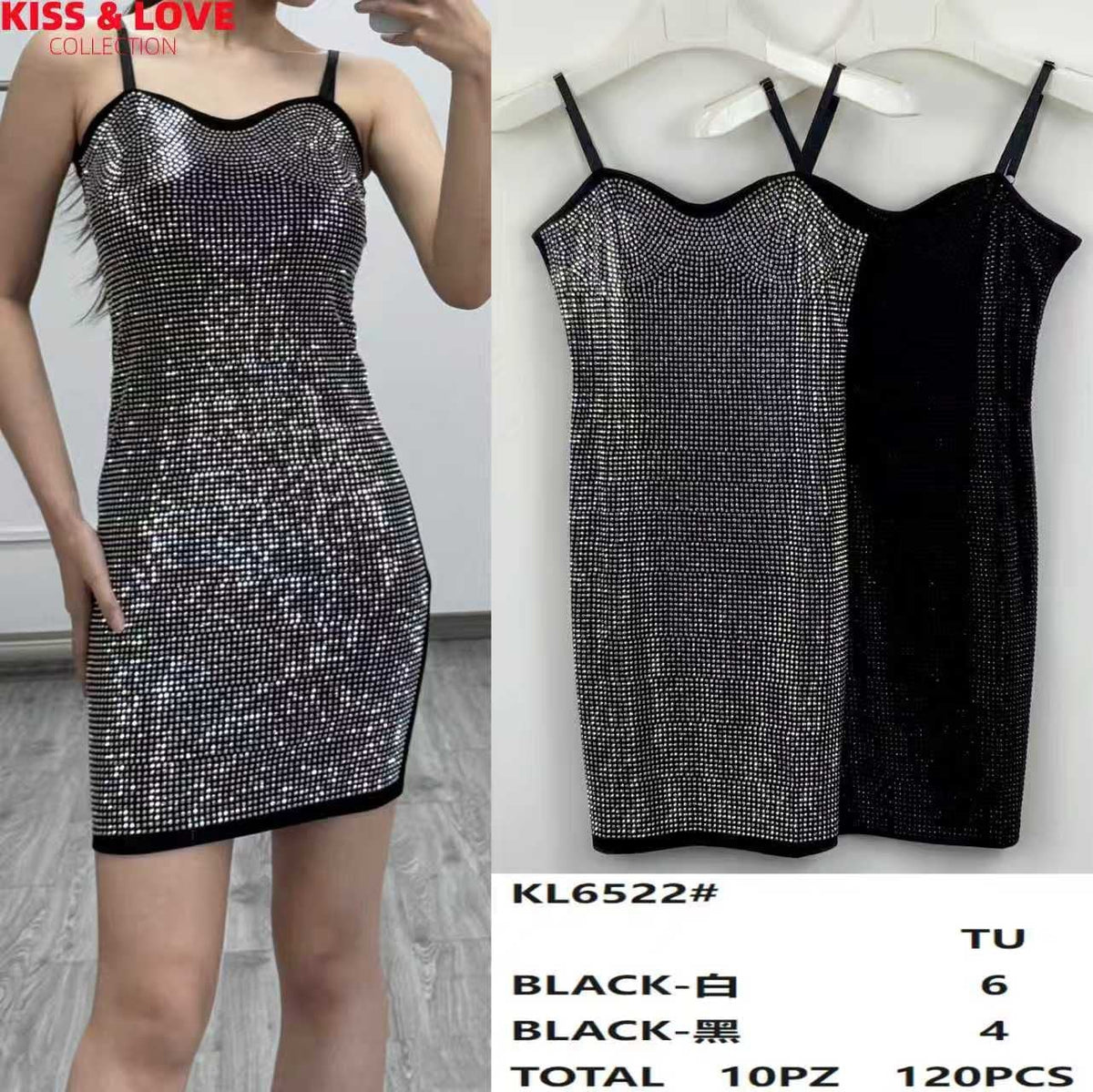 Vestido corto con incrustaciones de brillos-KL6522#