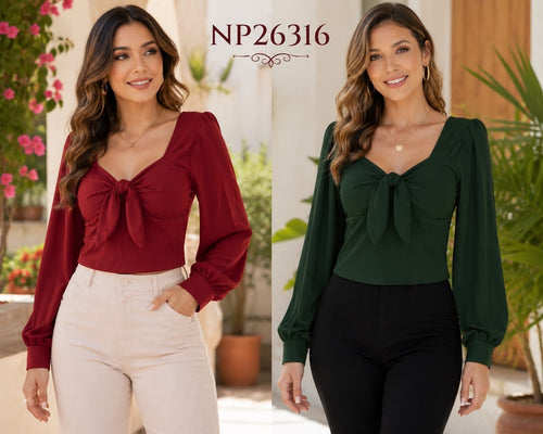 Blusa con nudo frontal y manga larga-NP26316