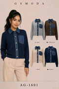 Suéter cardigan con detalle de mezclilla-SUE-AG-1601