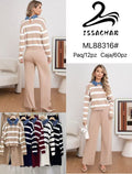 Conjunto de suéter a rayas con cuello de mezclilla y pantalón-ML88316#