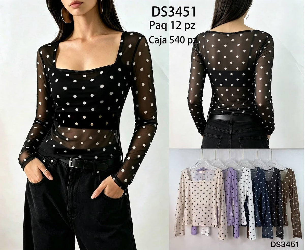 Blusa de manga larga con estampado de puntos-DS3451