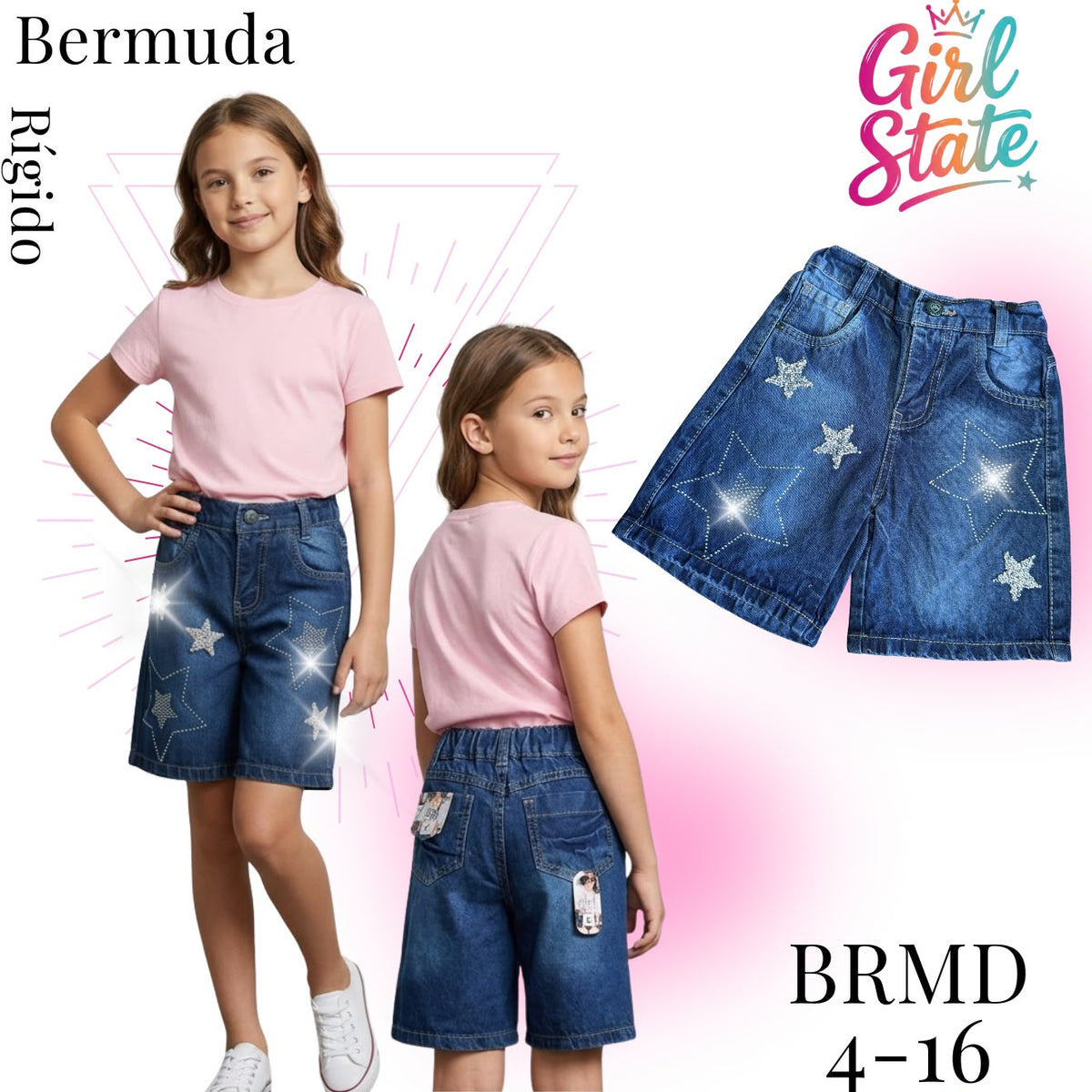Bermuda rígida de mezclilla para niñas con estrellas-BRMD