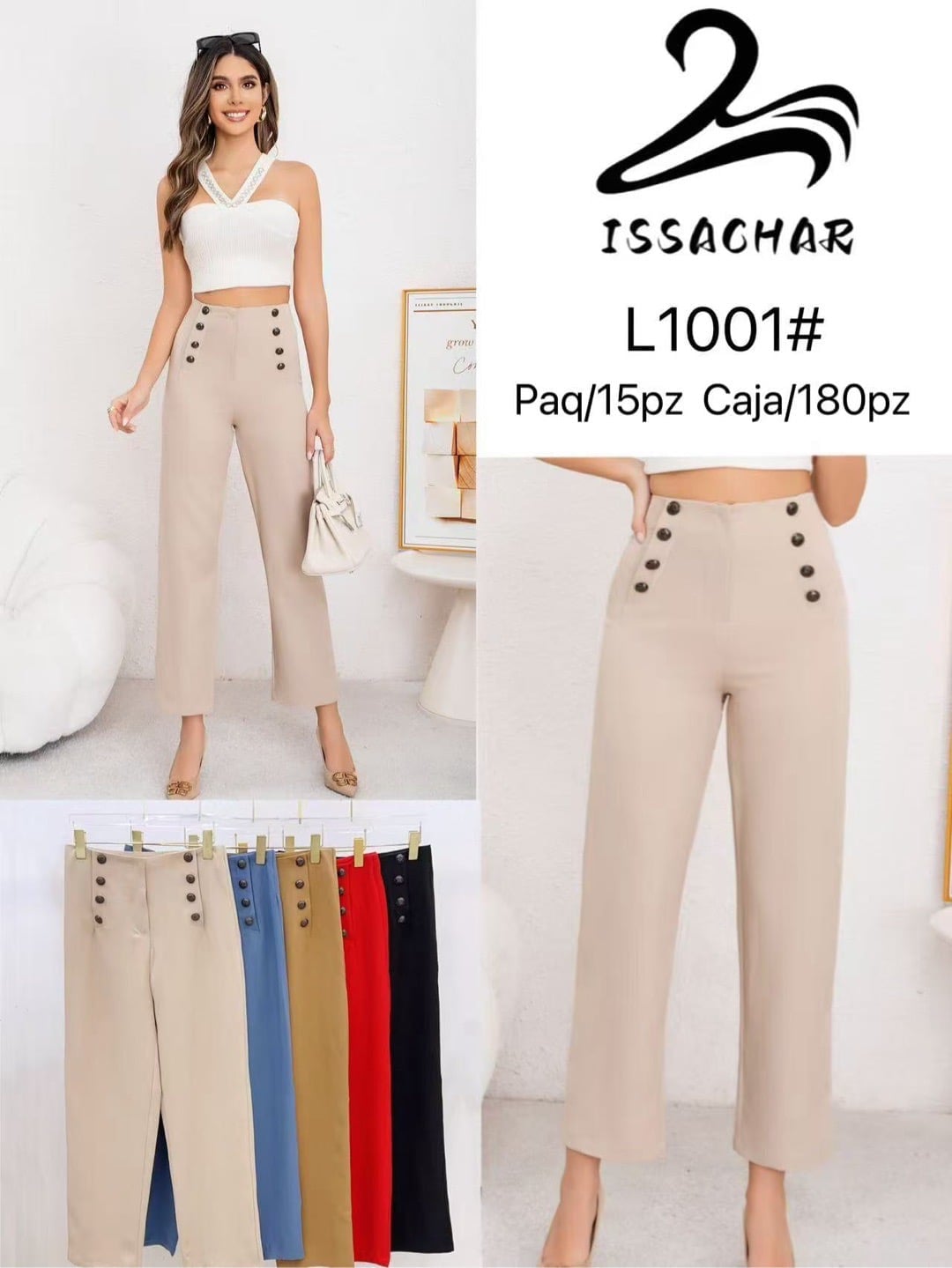 Pantalón de vestir con botones-L1001#