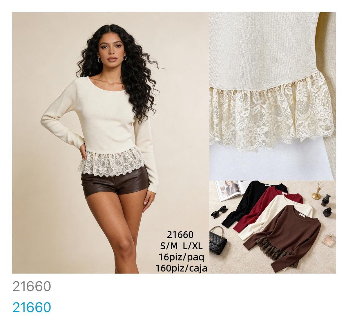 Blusa de punto con detalle de encaje-21660