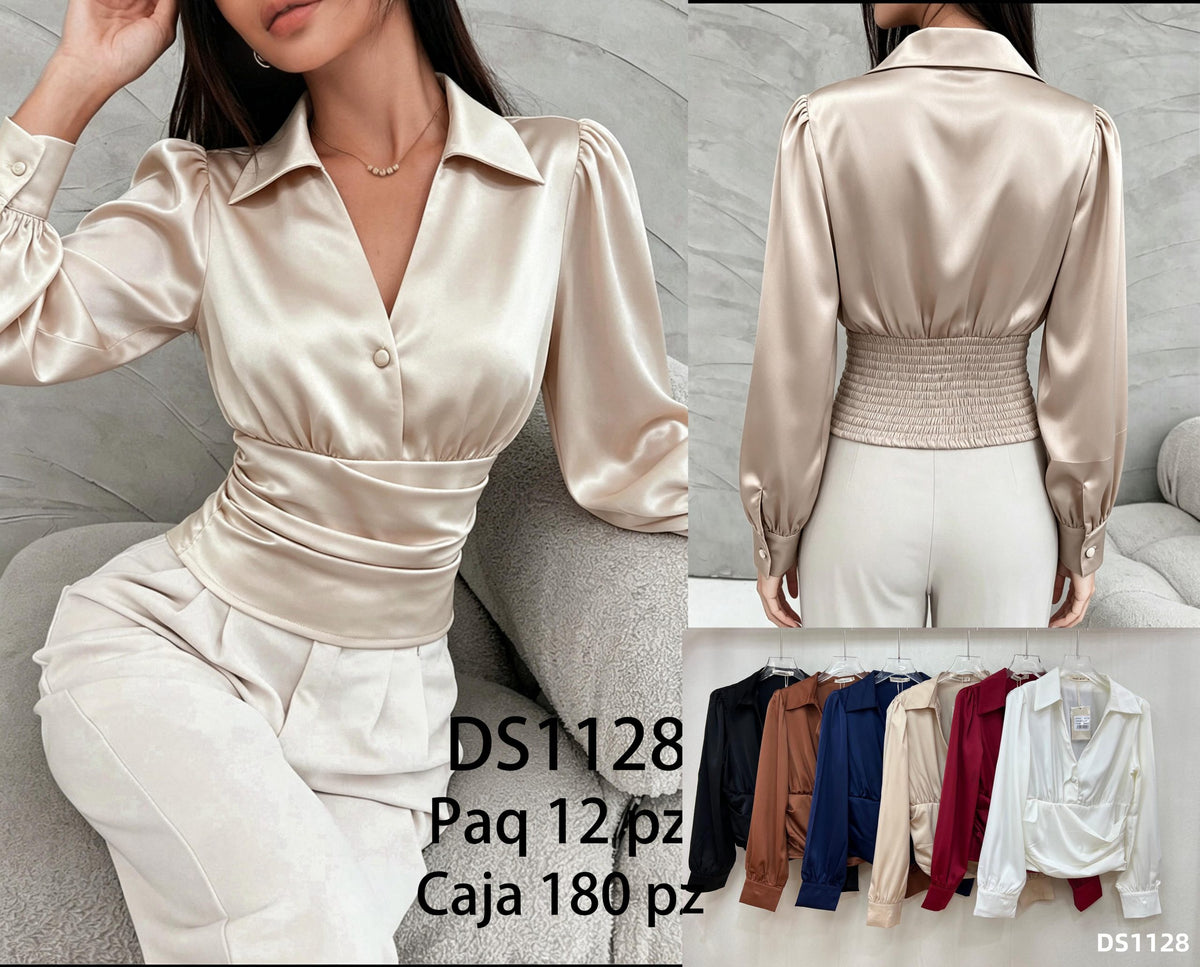 Blusa de satén con mangas abullonadas y detalle fruncido en la cintura-DS1128