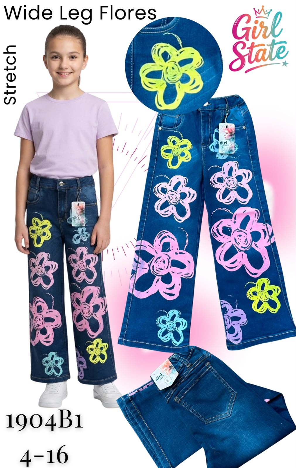 Pantalón de mezclilla Wide Leg con estampado floral-1904B1