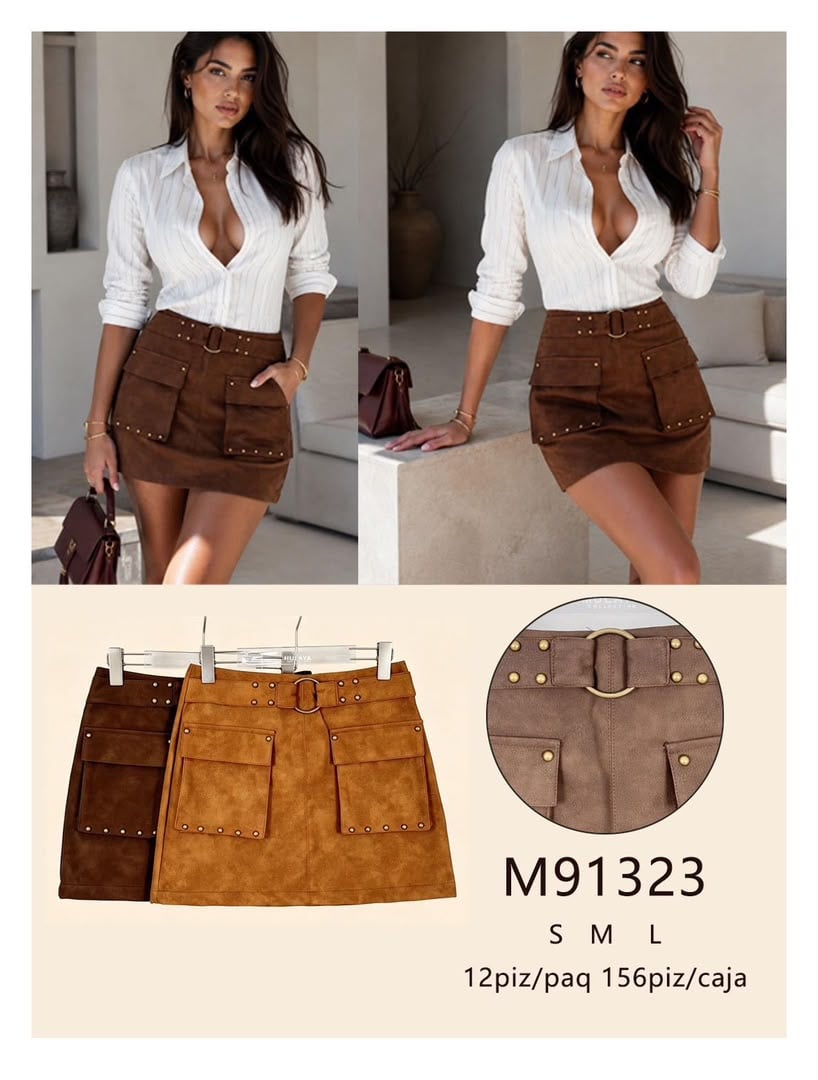 Falda con bolsillos y cinturón decorativo-M91323