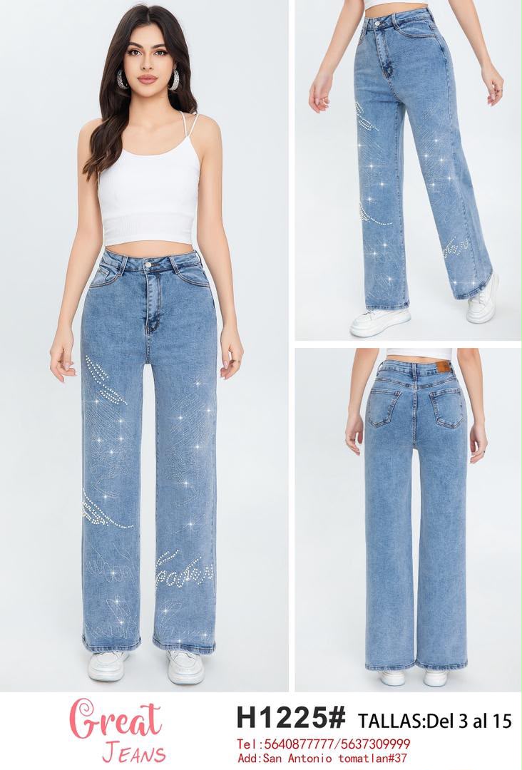 Jeans rectos con pedrería-H1225#