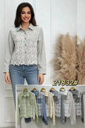 Camisa de cuadros con encaje-21832#