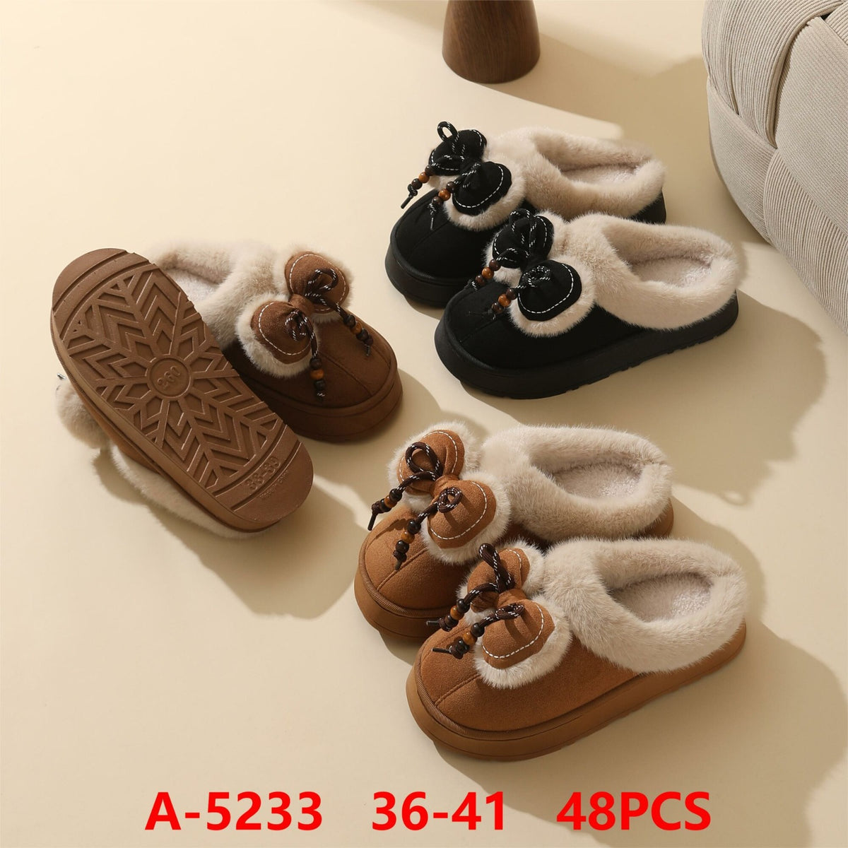 Pantuflas de invierno con lazo y forro de peluche-A-5233