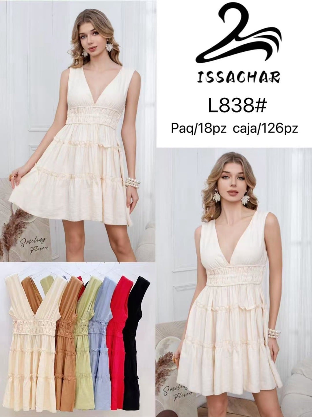 Vestido con escote en V y falda escalonada-L838#