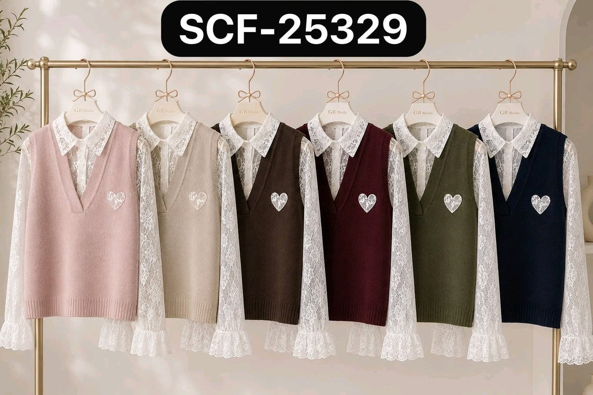 Chaleco con camisa de encaje-CHA-SCF-25329