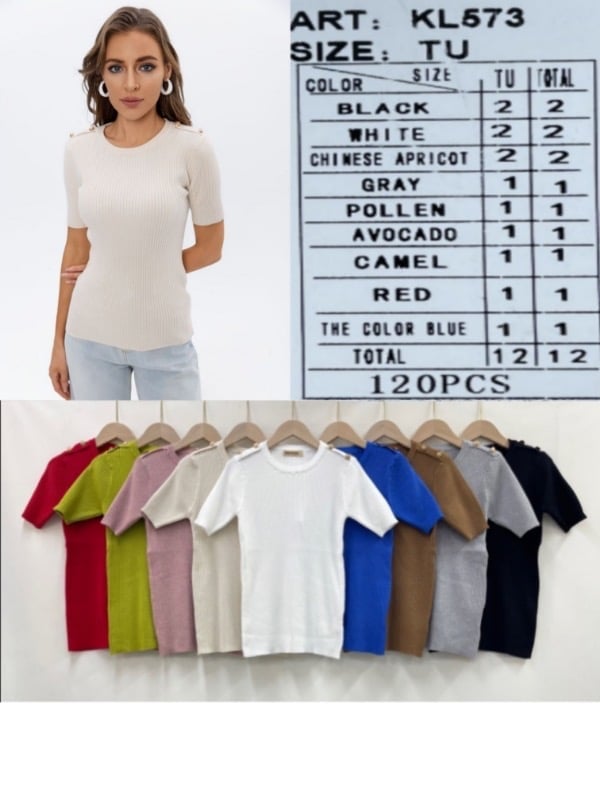 Blusa acanalada de manga corta con botones-KL573