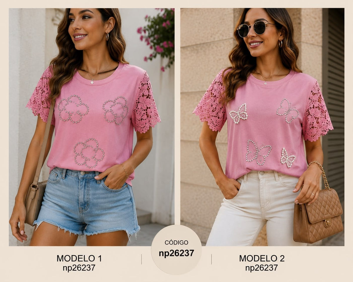 Blusa con mangas de encaje y aplicaciones-NP26237