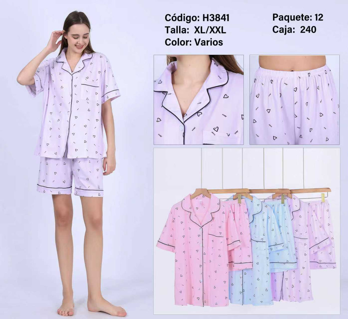 Pijama de short y top con estampado-H3841