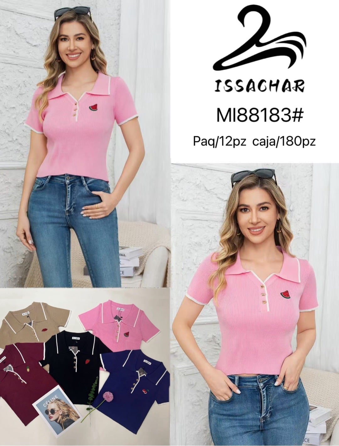 Blusa polo tejida con bordado-MI88183#
