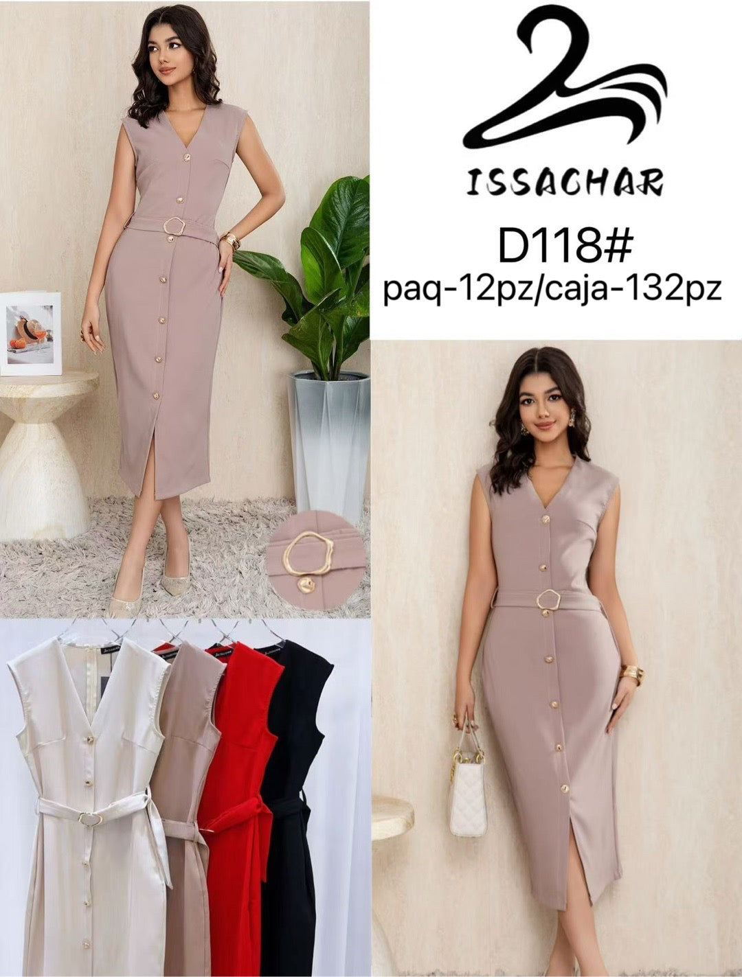 Vestido con botones y cinturón-D118#