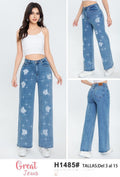 Jeans con bordado de flores y brillantes-H1485