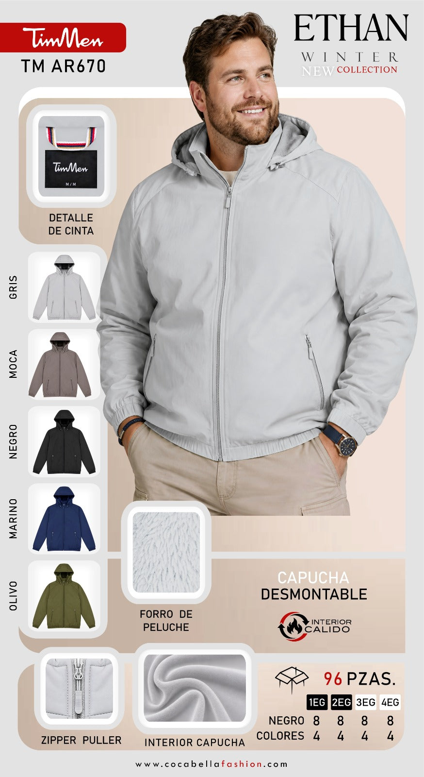 Chamarra con capucha desmontable y forro cálido-TM AR670
