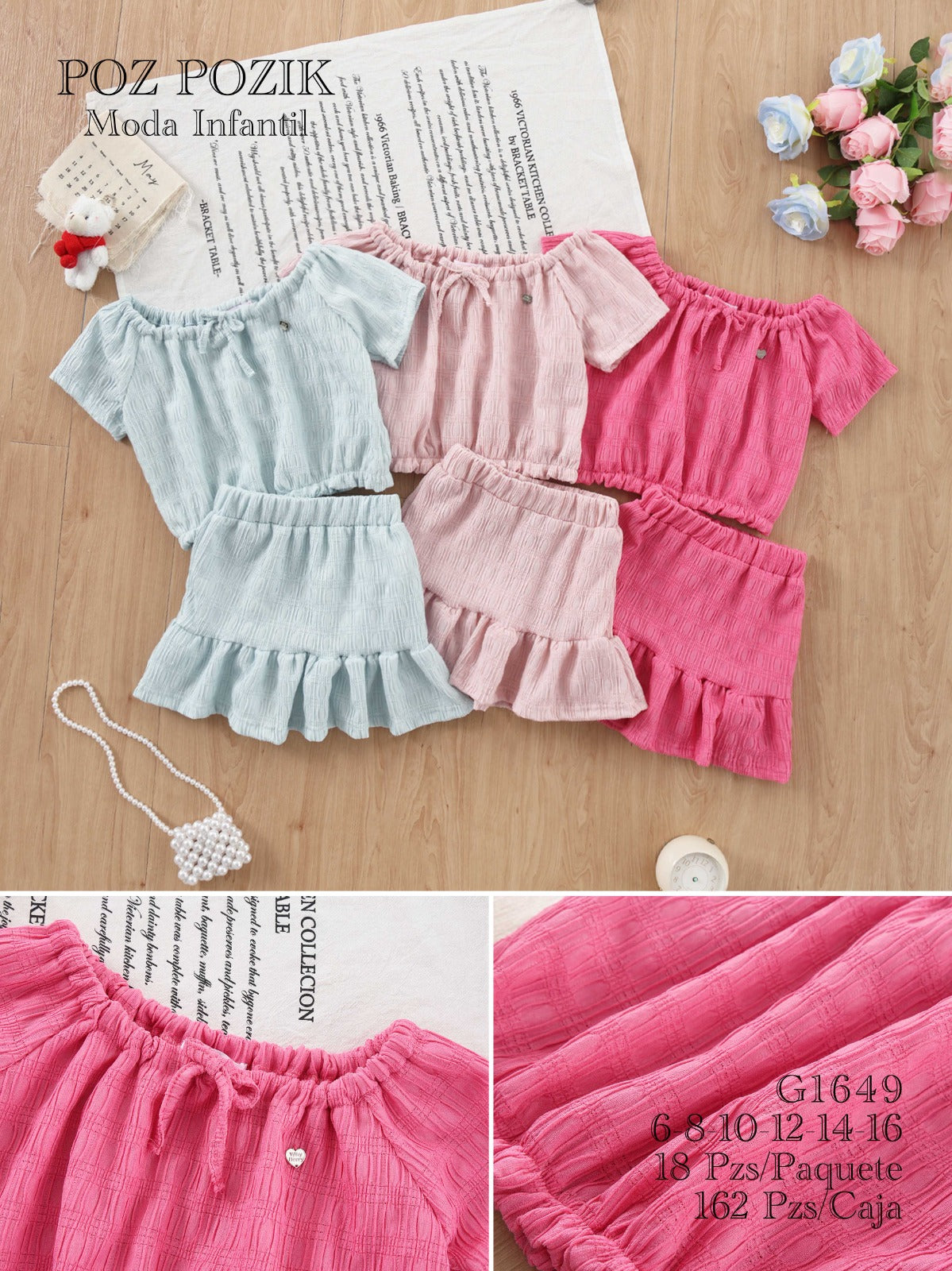 Conjunto de Blusa de Manga Corta y Falda Fruncida para Niña-ROSP-G1649