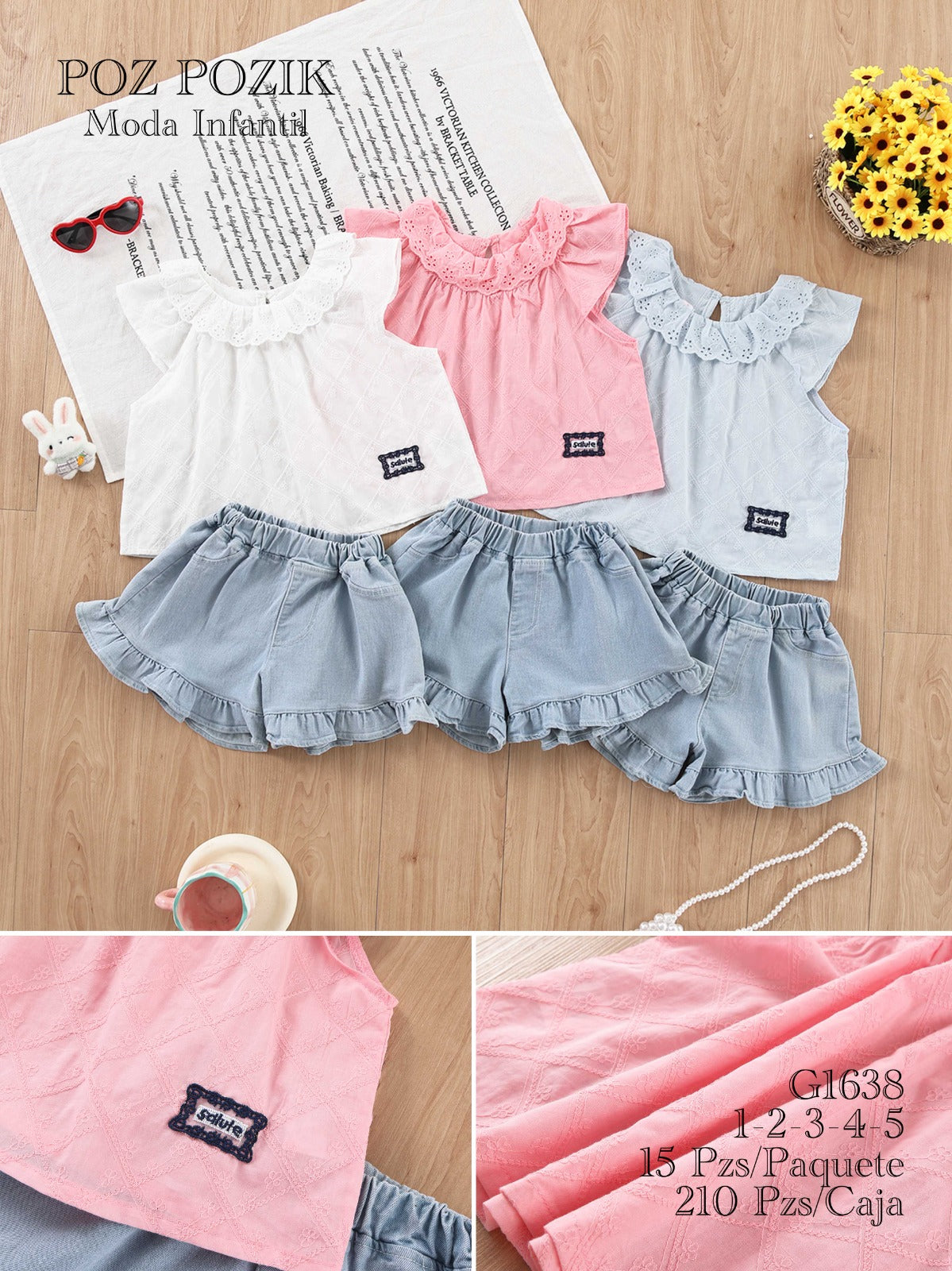 Conjunto de Blusas con Volantes y Shorts de Mezclilla para Niña-AZL-G1638