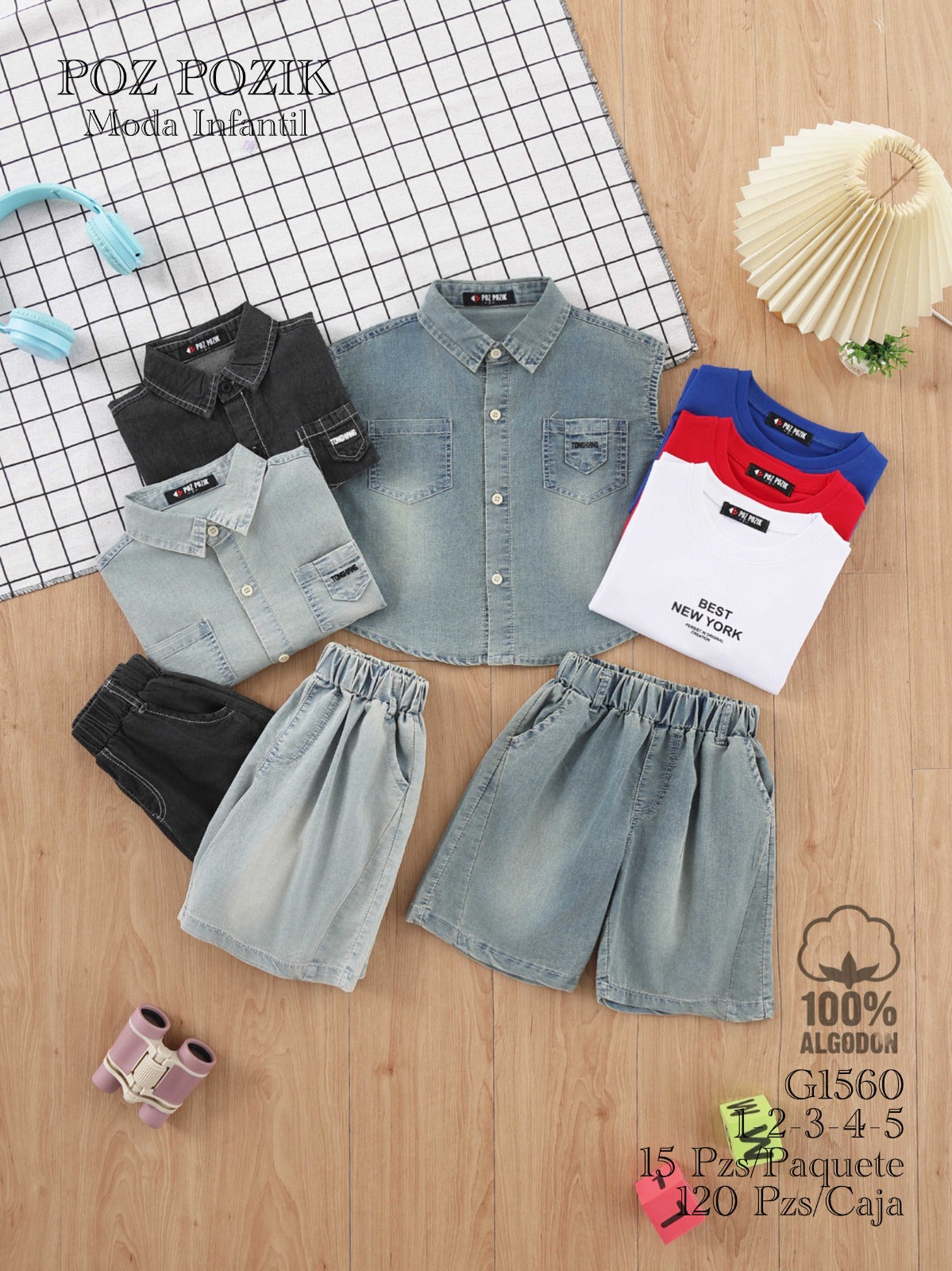 Conjunto de camisa de mezclilla, camisetas y shorts de niño-AZLO-G1560