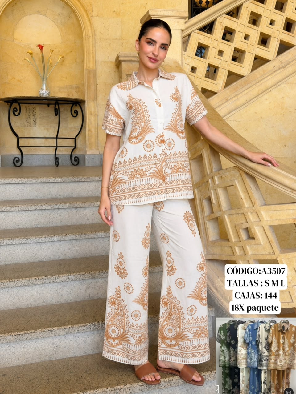 Conjunto de camisa y pantalón estampado-A3507