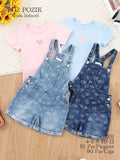 Conjunto de overol corto de mezclilla con playera estampada de corazón para niña-ROS-G1331