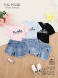 Conjunto de Playeras y Shorts de Mezclilla con Diseño para Niña-NGO-G1644
