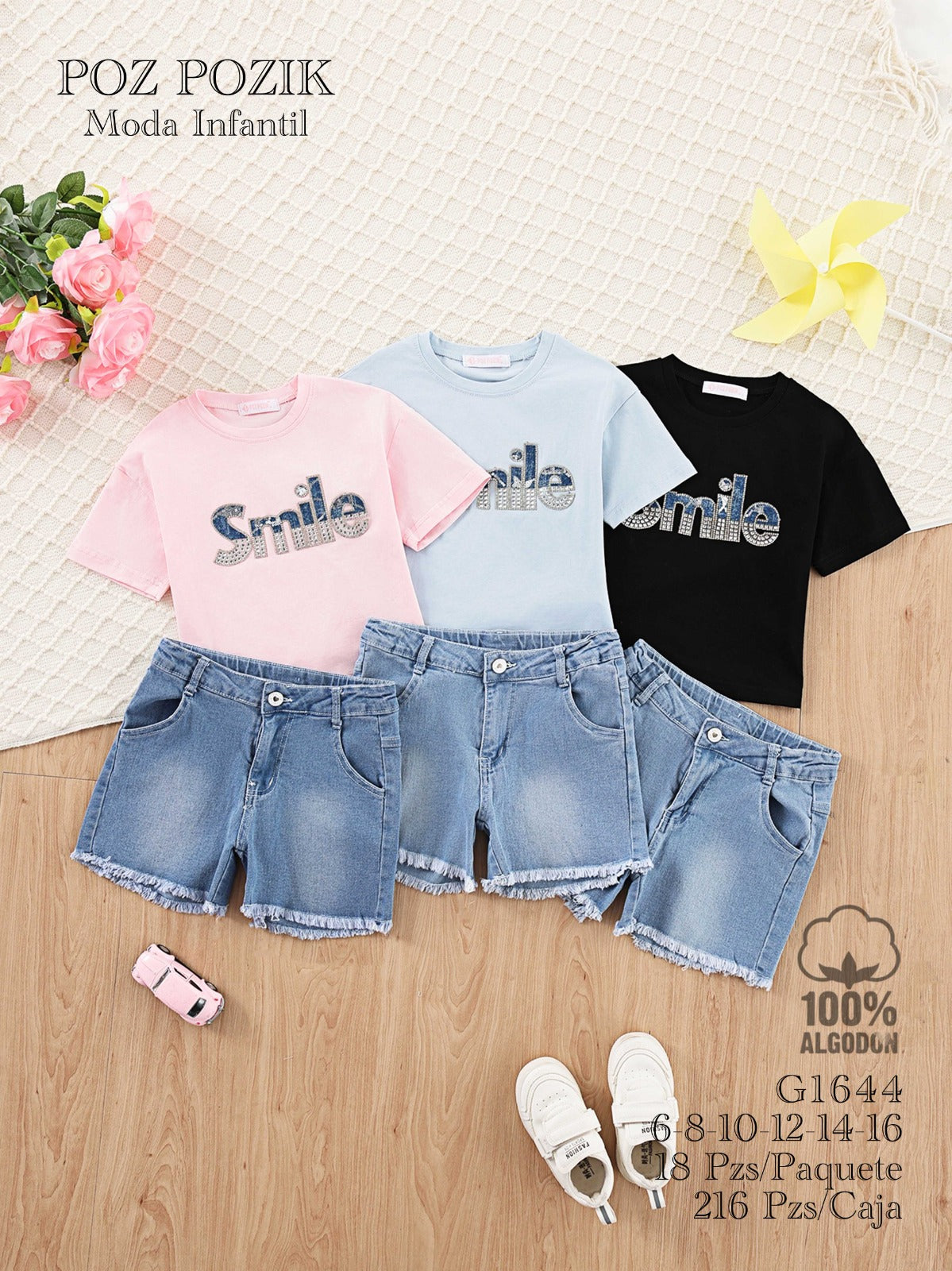 Conjunto de Playeras y Shorts de Mezclilla con Diseño para Niña-NGO-G1644