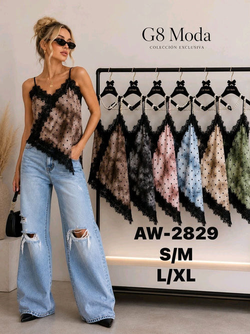 Blusa con encaje y estampado de lunares-AW-2829