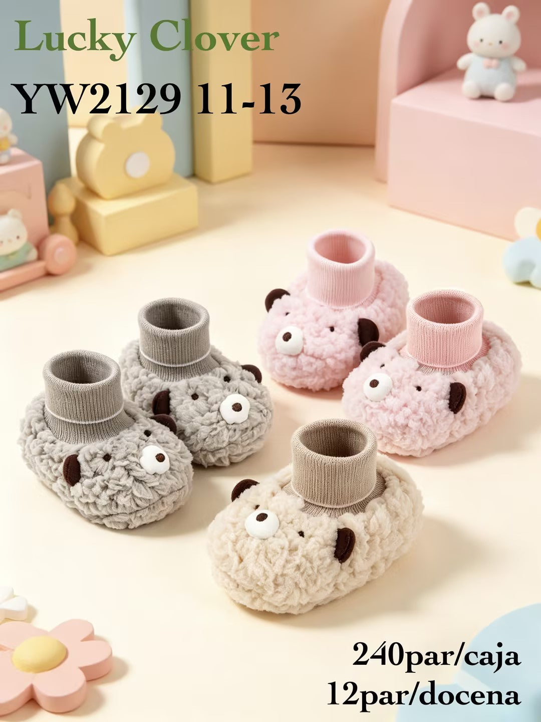 Pantuflas infantiles de peluche con diseño de osito-YW2129