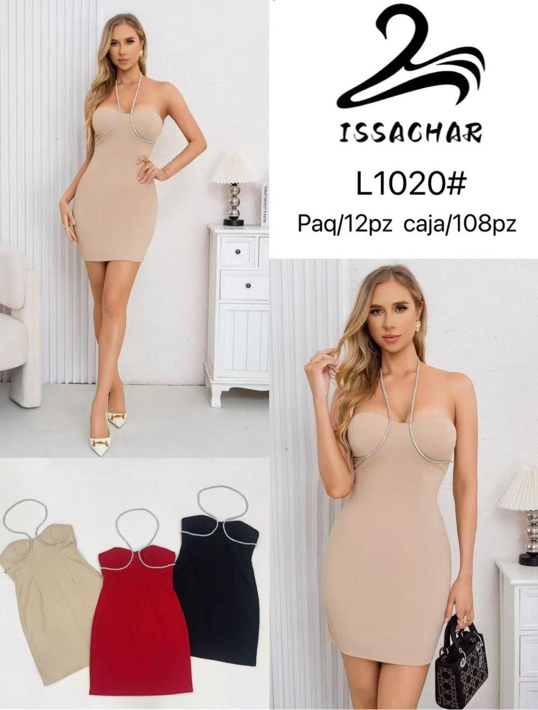 Vestido con tirantes de pedrería-L1020#