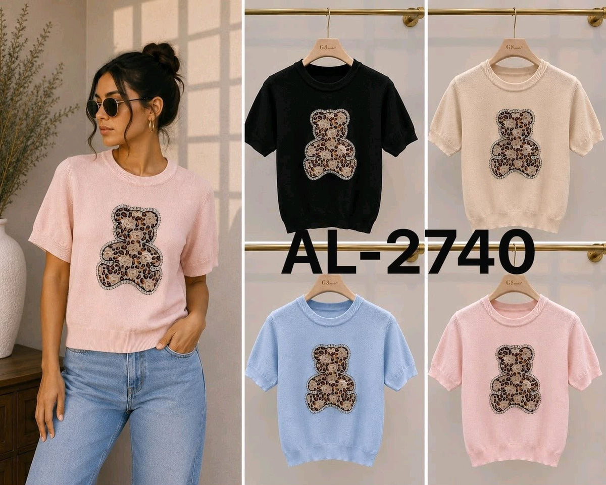 Suéter de punto con estampado de oso-AL-2740