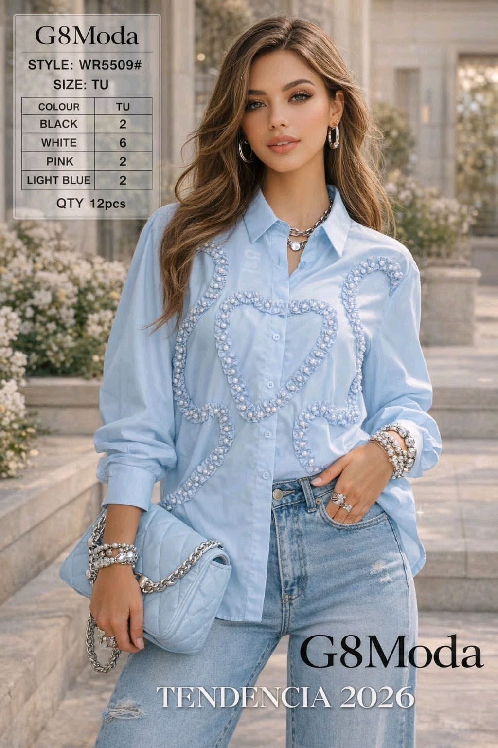 Camisa con detalle de perlas-BLU-WR5509#