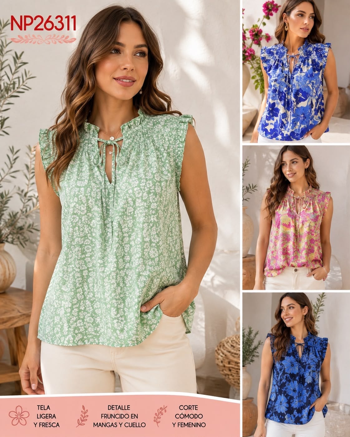 Blusa con detalles fruncidos y lazo-NP26311