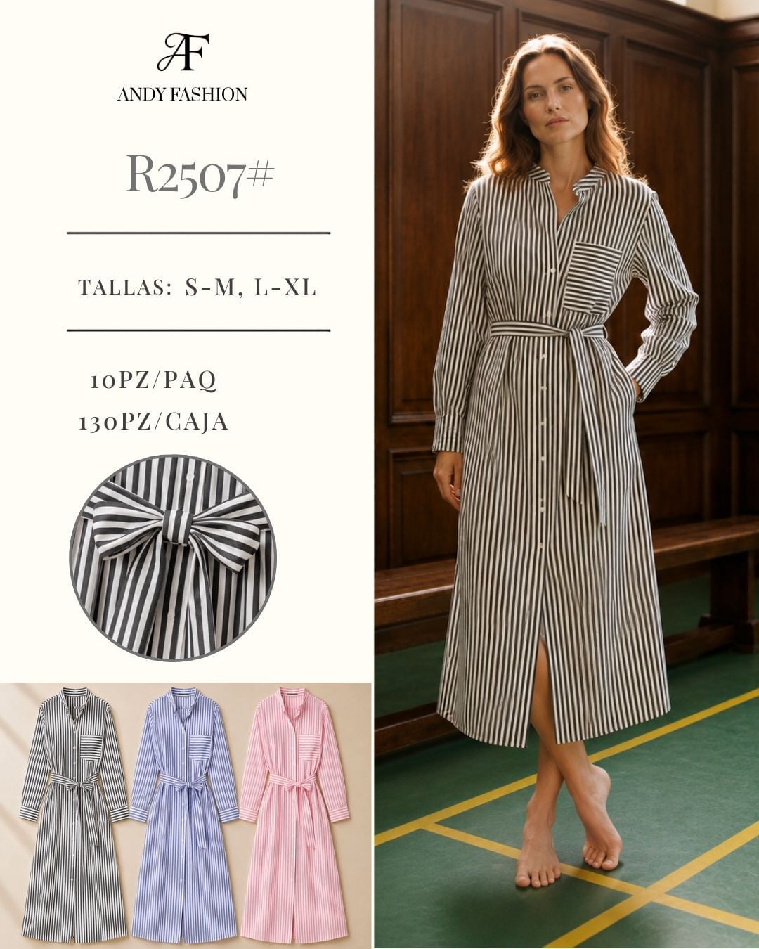 Vestido camisero a rayas con cinturón-R2507#