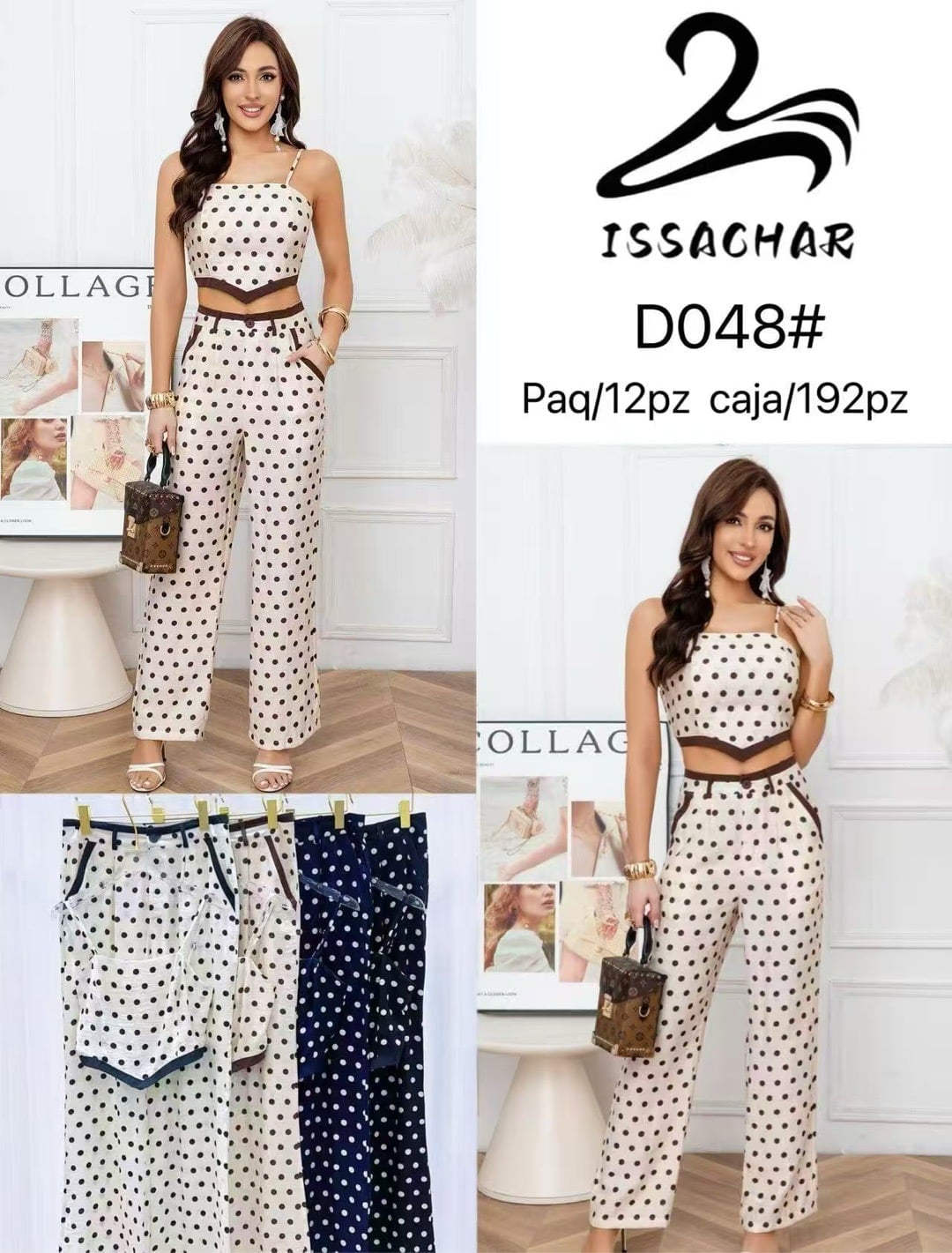 Conjunto de top y pantalón con estampado de lunares-D048#