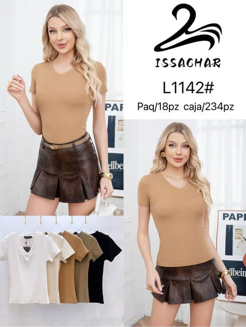 Blusa básica de cuello en V-L1142#