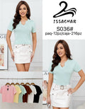 Blusa tejida de manga corta con detalles en cuello-S036#