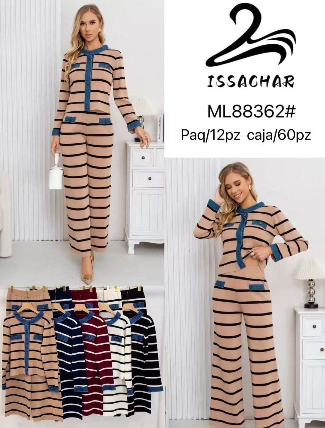 Conjunto de blusa y pantalón a rayas-ML88362#